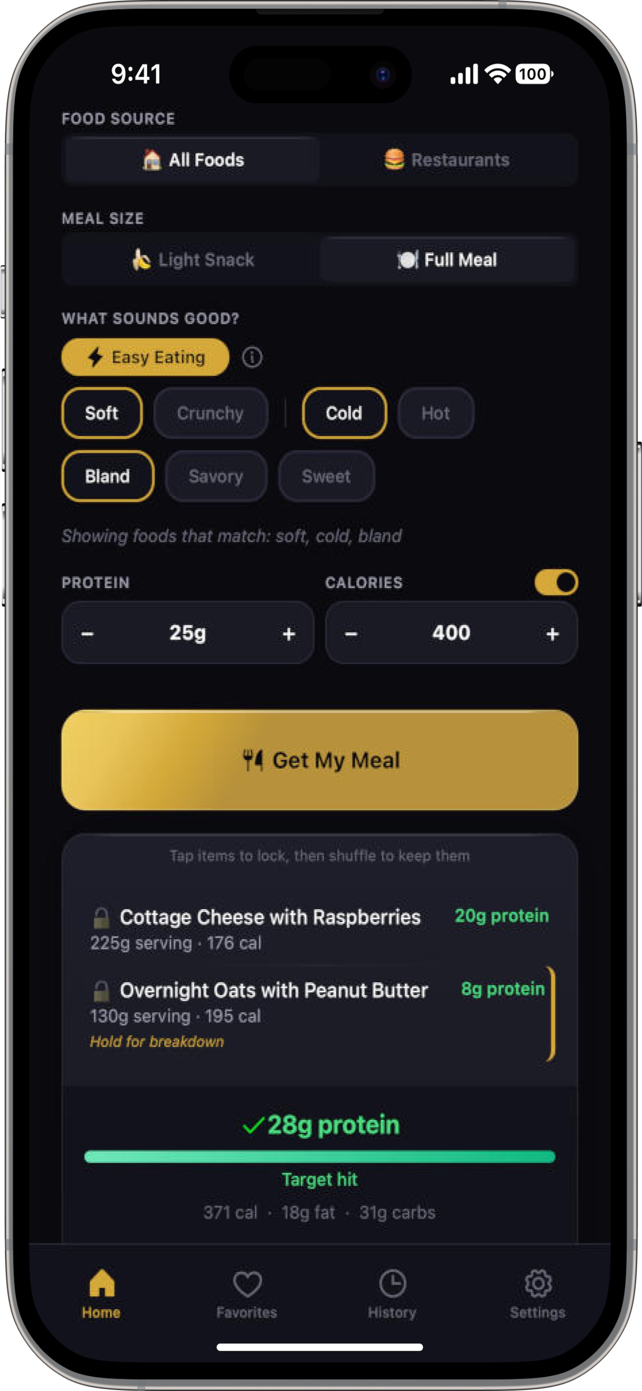 GLP-1 Fuel home screen with sensory filters