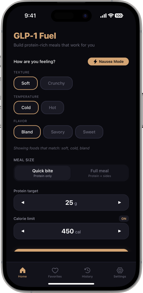 GLP-1 Fuel Home Screen with sensory filters